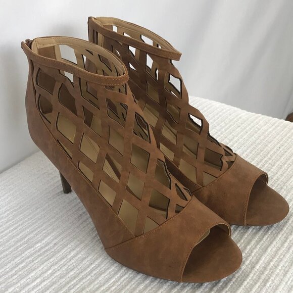 Impo Tanier Tan Caged Open Toe High Heel Zip Back - Picture 1 of 13